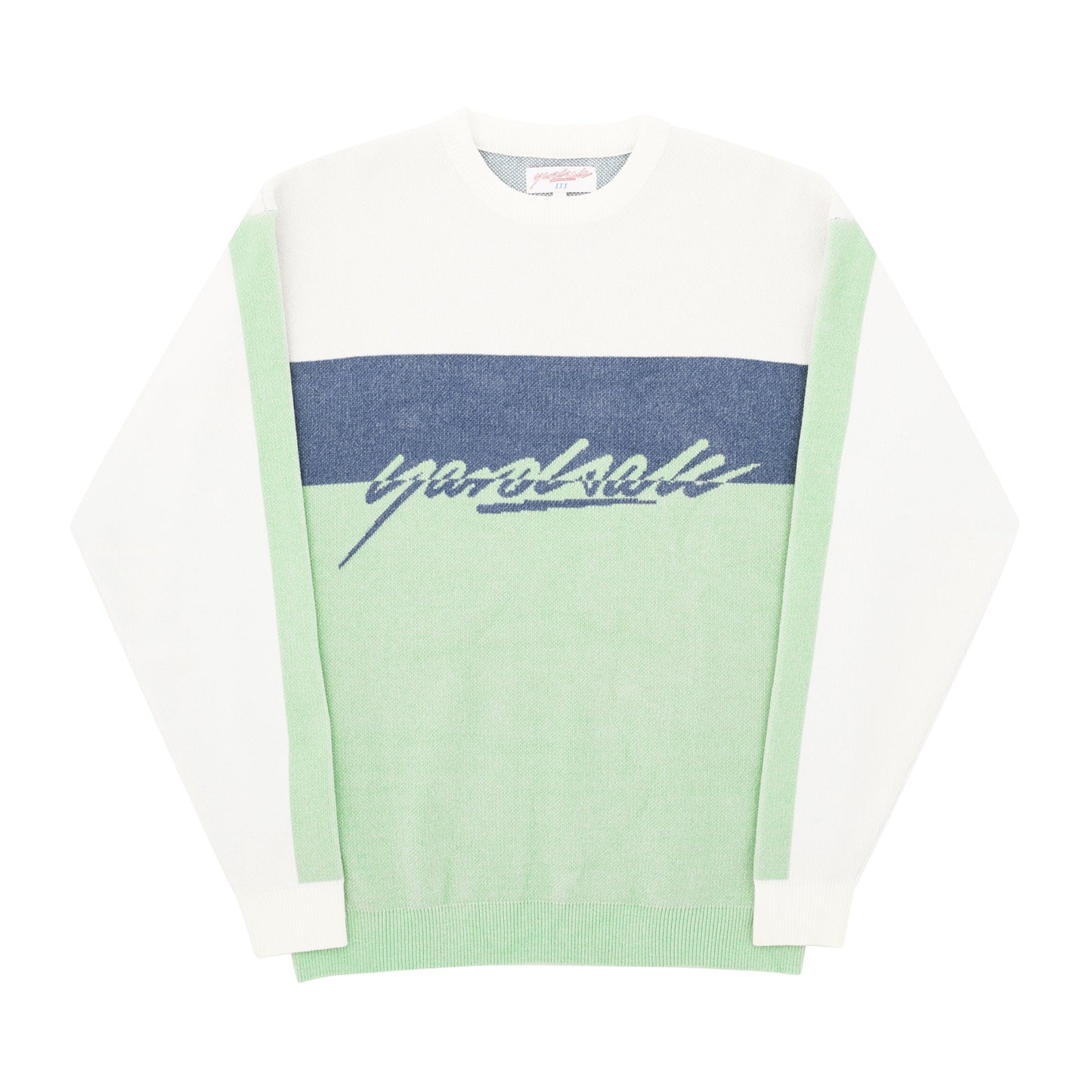 Chenille Script Knit (White/Green/Blue)
